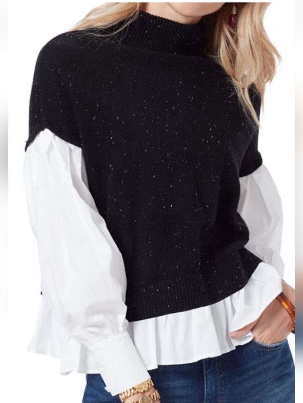 Sam Edelman Baianca Mixed Media Black Layered Turtleneck Sweater